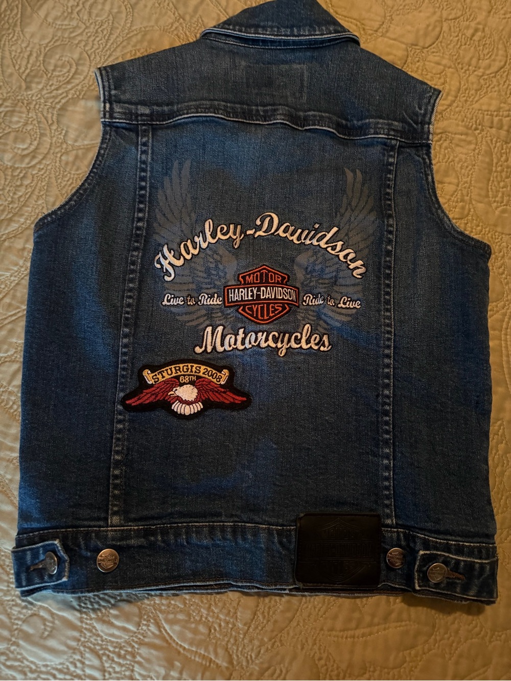 Harley-Davidson Denim Vest Moto Boho Y2K Biker Sturgis 2008 Embroidered Patch, M - Picture 9 of 16